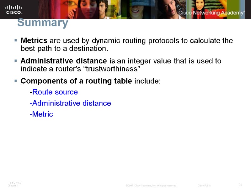 Summary Metrics are used by dynamic routing protocols to calculate the best path to